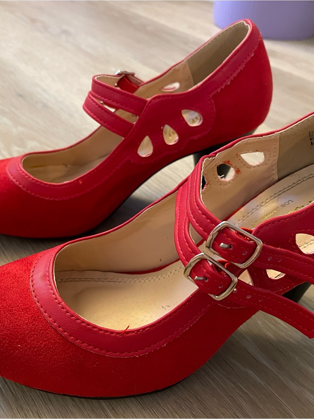 Chase + Chloe Red Mary Jane Suede Heels with Buckle Straps 6 36.5